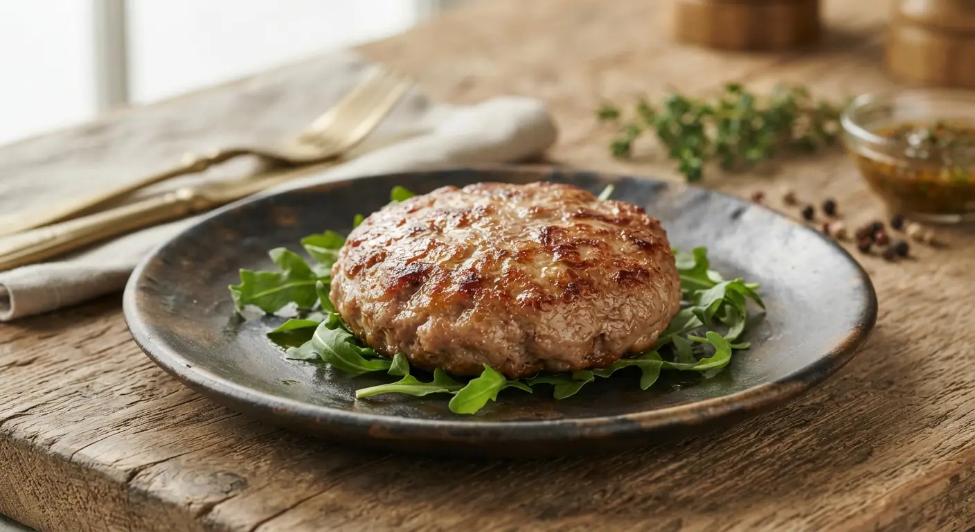 A cooked Rabbit Space Africa burger patty served on a plate with rocket