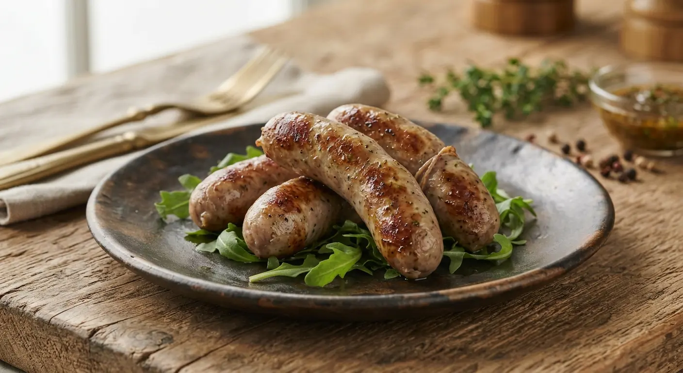 Cooked Rabbit Space Africa sausages served on a rustic plate with rocket