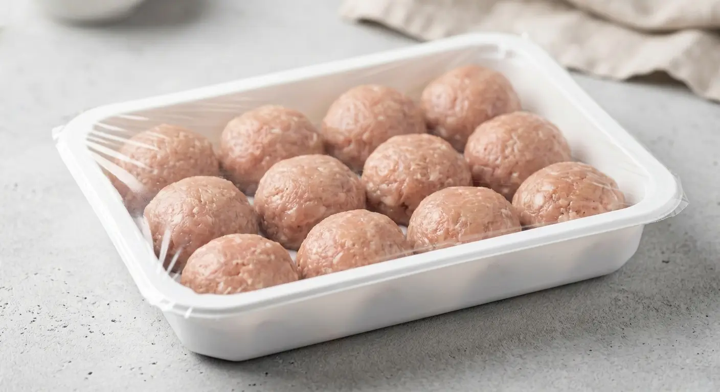Twelve raw marinated rabbit meatballs in a sealed tray