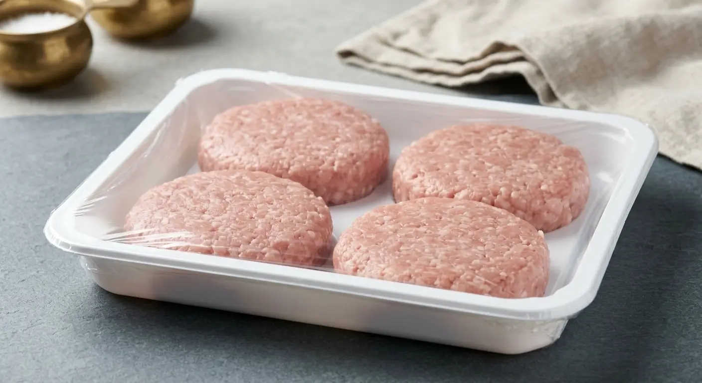 Four raw rabbit burger patties in a sealed tray